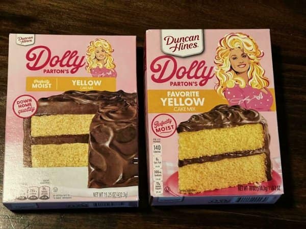 Dolly Parton cake mix boxes in shrinkflation examples, shrinking from 18 ounces to 15.25.