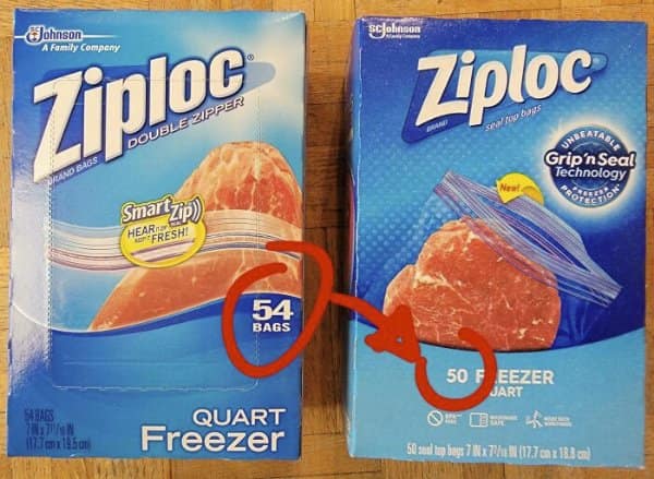 Two Ziploc freezer bag boxes, with a red circle showing 54 bags shrinking to 50.
