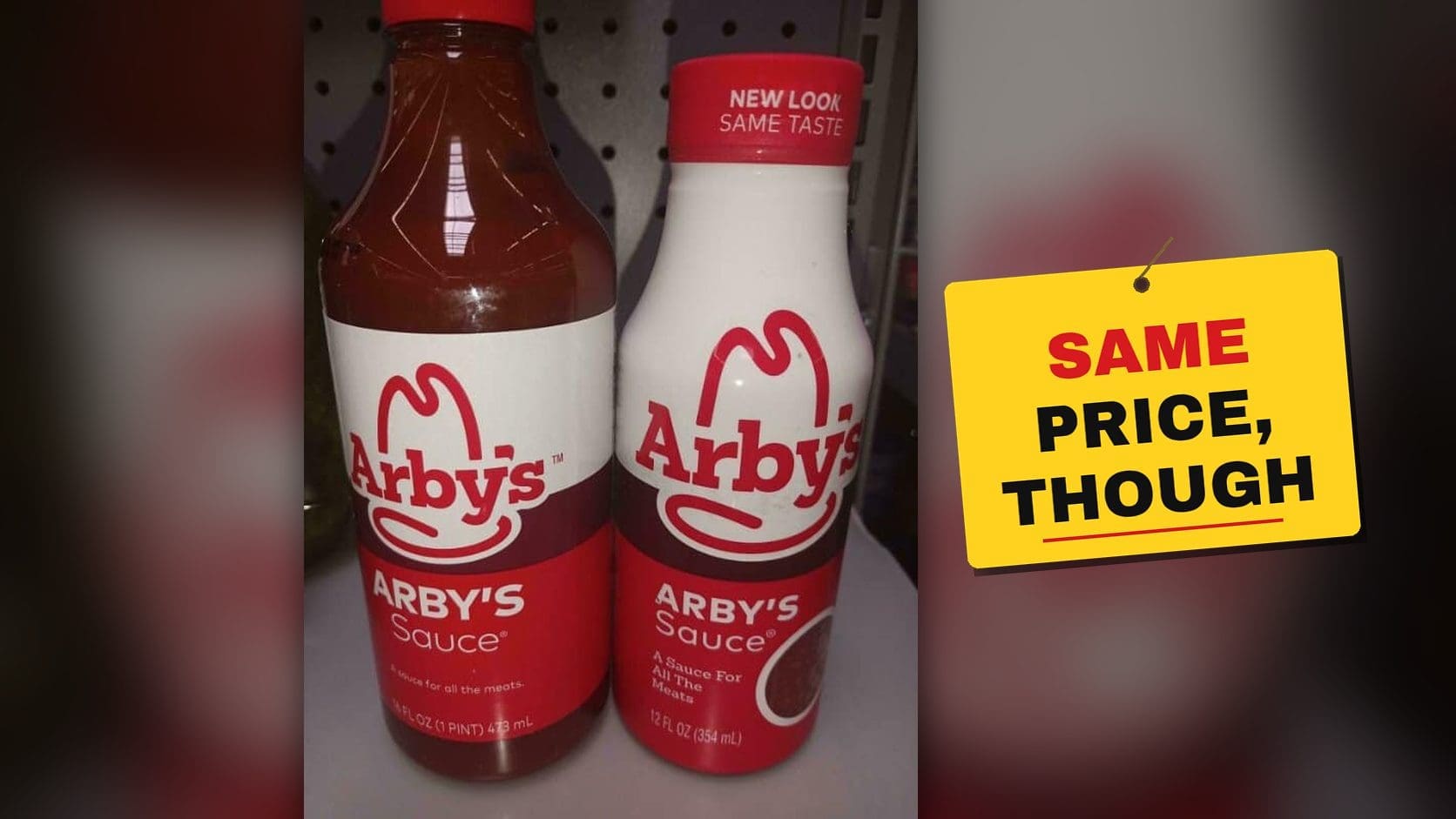 Old and new Arby's Sauce bottles side by side, the new one smaller, the cover for a gallery of shrinkflation examples.