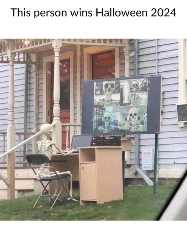 Skeleton at a desk on a porch attending a video call full of other skeletons.