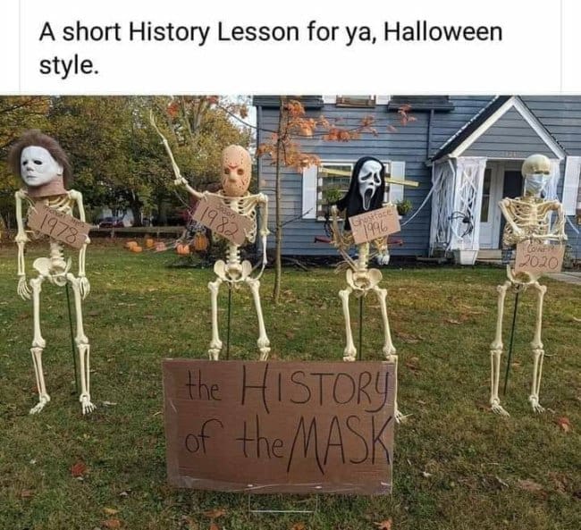 Skeletons in famous horror movie masks labeled by year, ending with a 2020 face mask.
