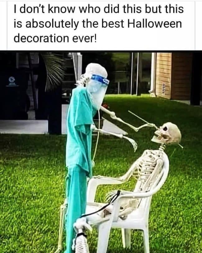 Skeleton in scrubs and a face shield examining another skeleton's teeth on a lawn chair.