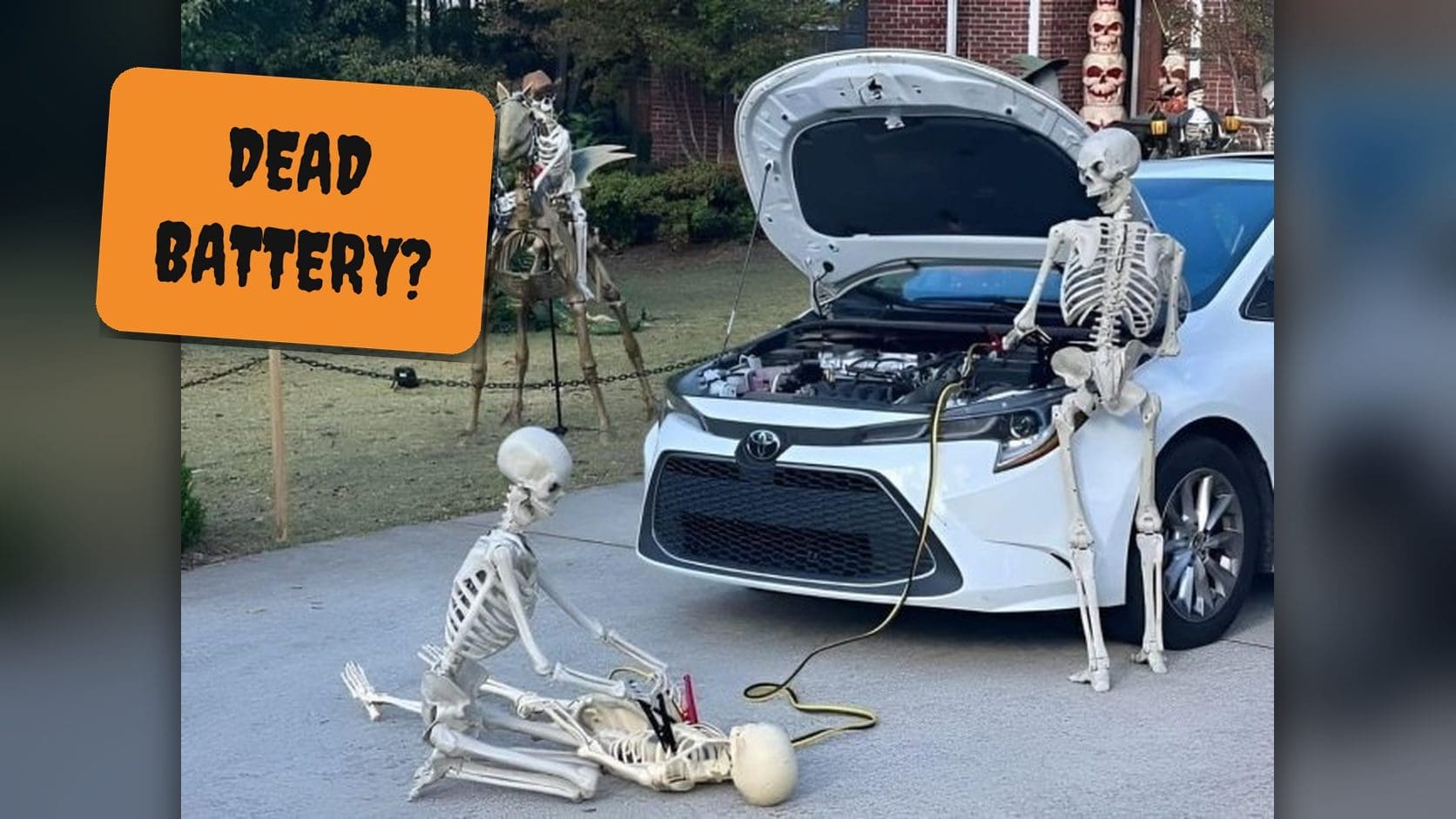 Halloween skeletons jump starting a white car in a driveway, one of the funniest skeleton memes of the season.