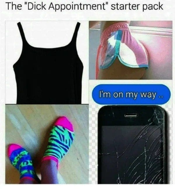 Starter pack meme with a tank top, short shorts, bright socks and a cracked phone