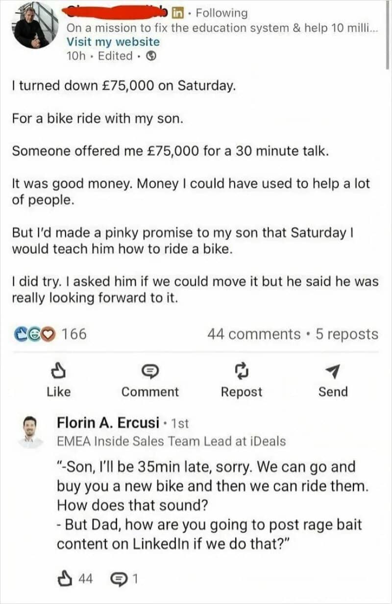 LinkedIn post claiming he skipped a 75,000 pound talk to teach his son to bike.