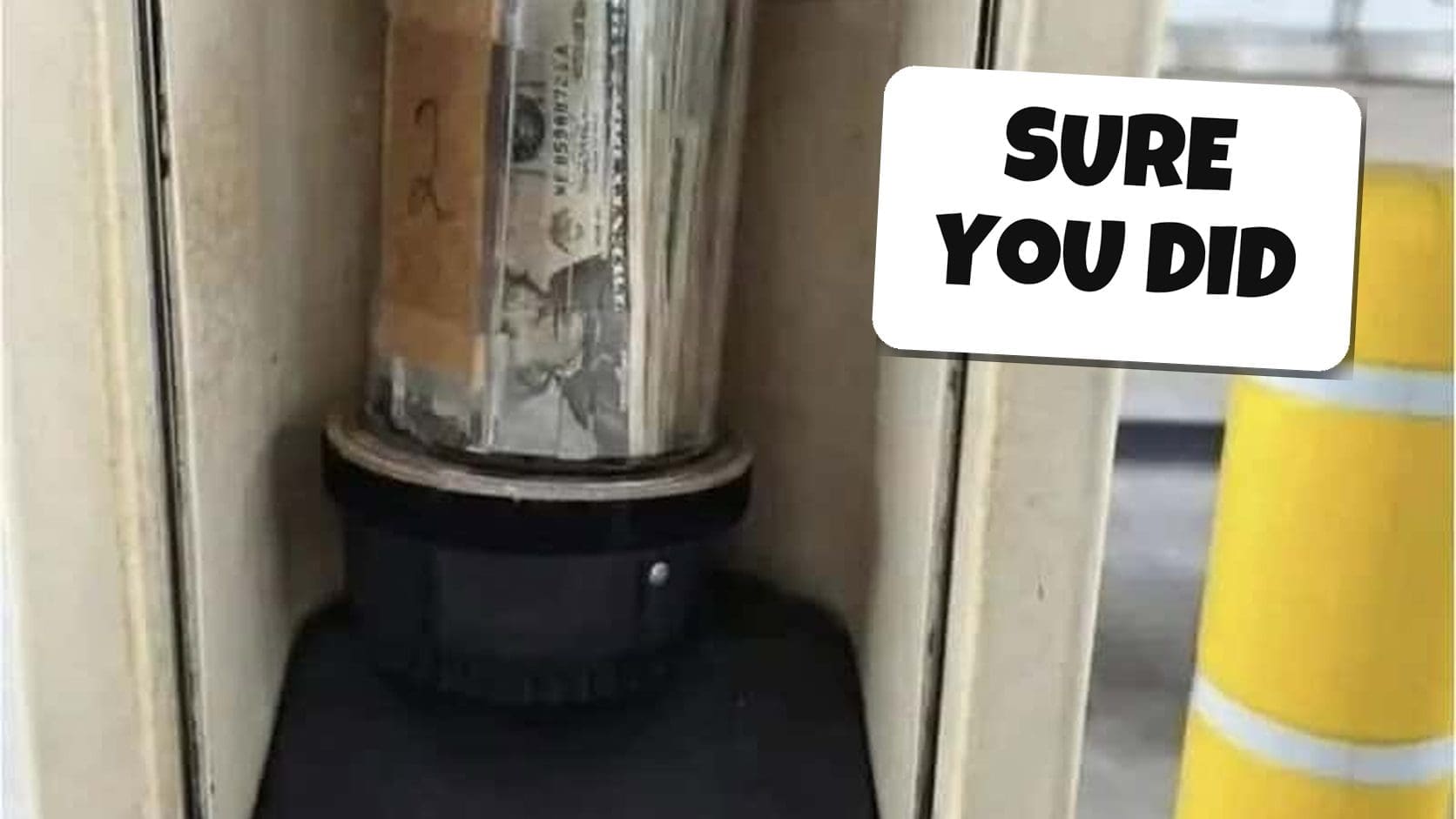 Bank drive-thru tube stuffed with a stack of cash, from one of the that never happened posts claiming someone kept the money.