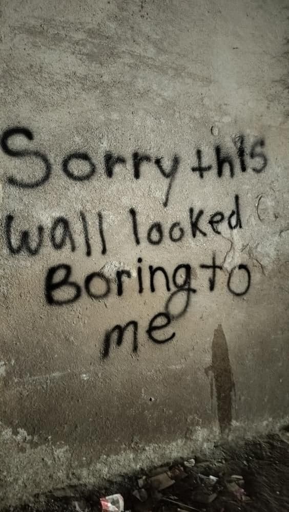 Black spray paint on a concrete wall apologizing because the wall looked boring.