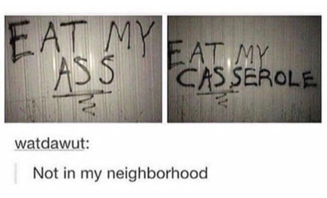 Two photos of crude graffiti edited from a rude phrase into eat my casserole.