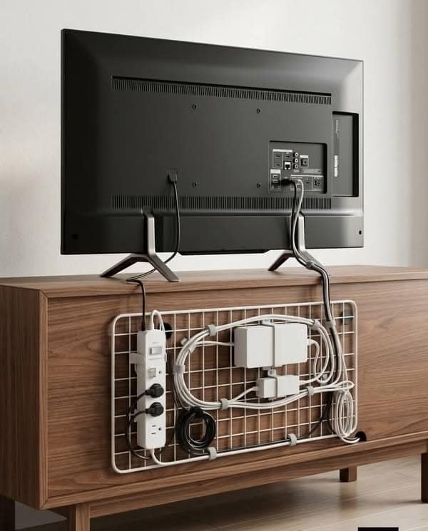 Unique designs for cable clutter: a wire grid on a TV stand holding a power strip and cords.