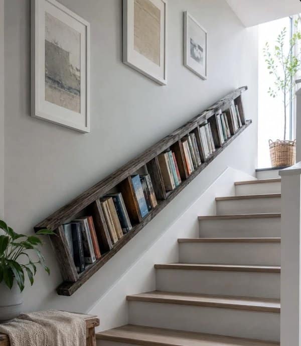 Unique designs like this old wooden ladder mounted along a staircase wall as a slanted bookshelf.