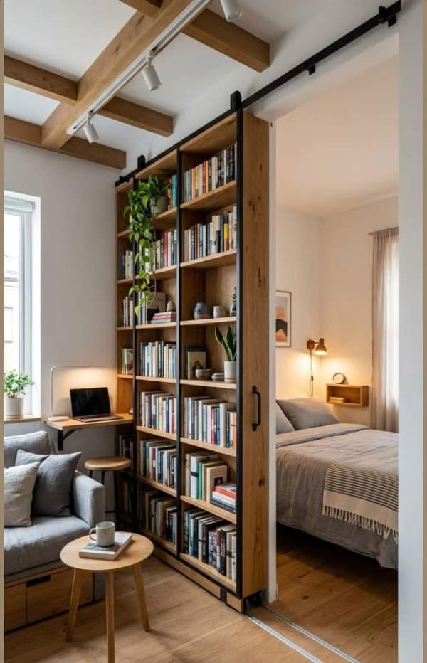 A tall bookshelf on a sliding barn door rail separating a cozy living room from a bedroom.