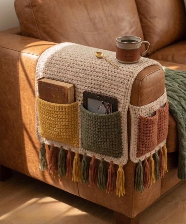 Crochet armrest caddy on a leather couch with pockets holding a book, tablet and glasses.