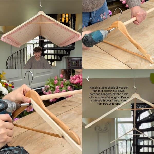 Unique designs include this hanging table shade made from wooden hangers, a dowel and a tablecloth.