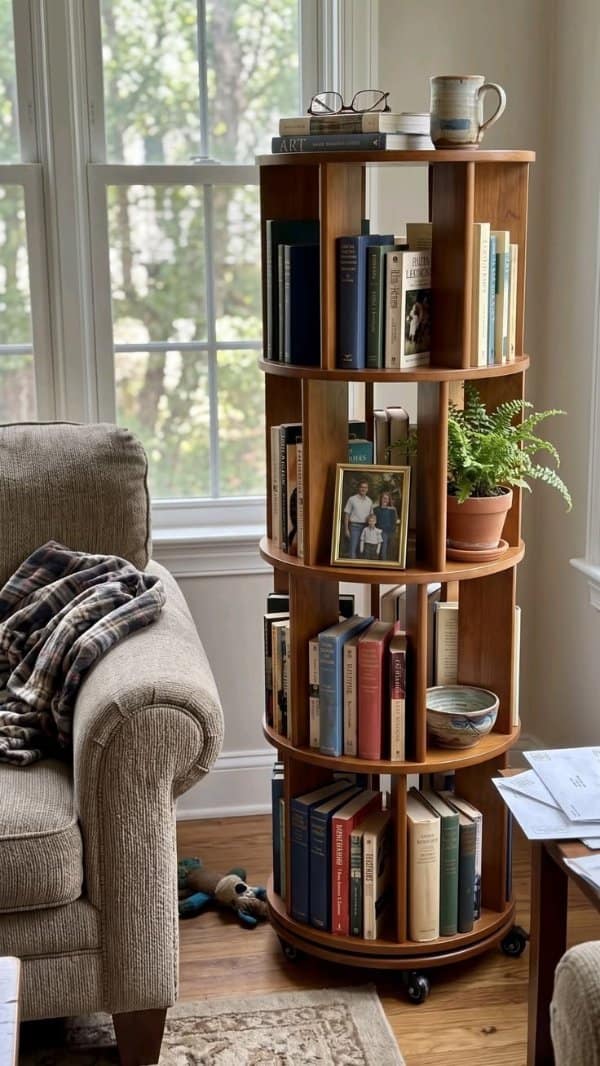 Tall rotating round bookshelf on wheels packed with books beside an armchair and a window.