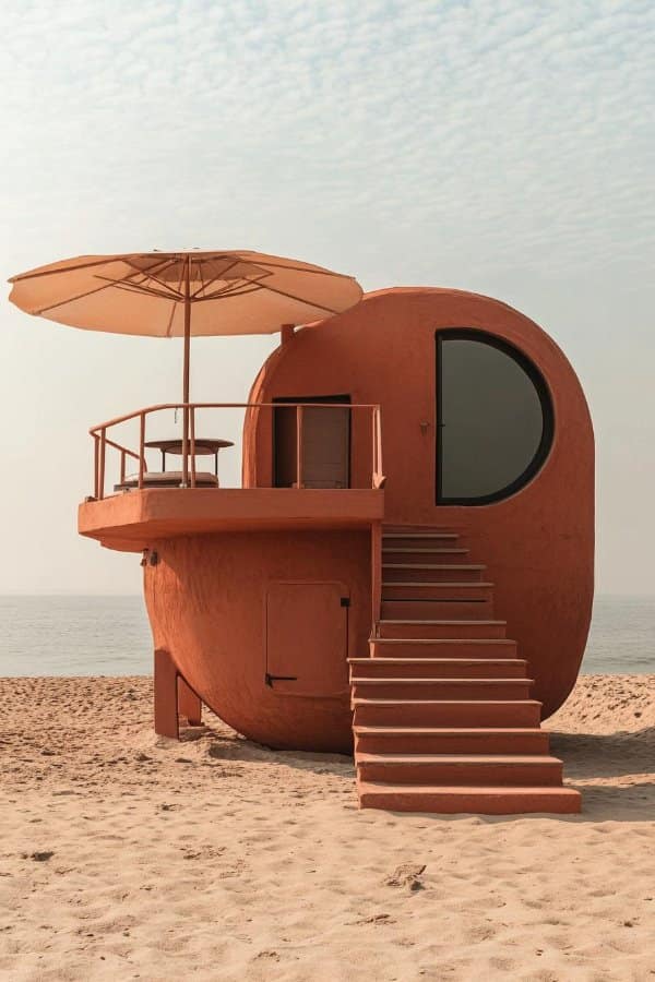 A rounded terracotta beach house shaped like a pod, with stairs, a balcony and an umbrella.