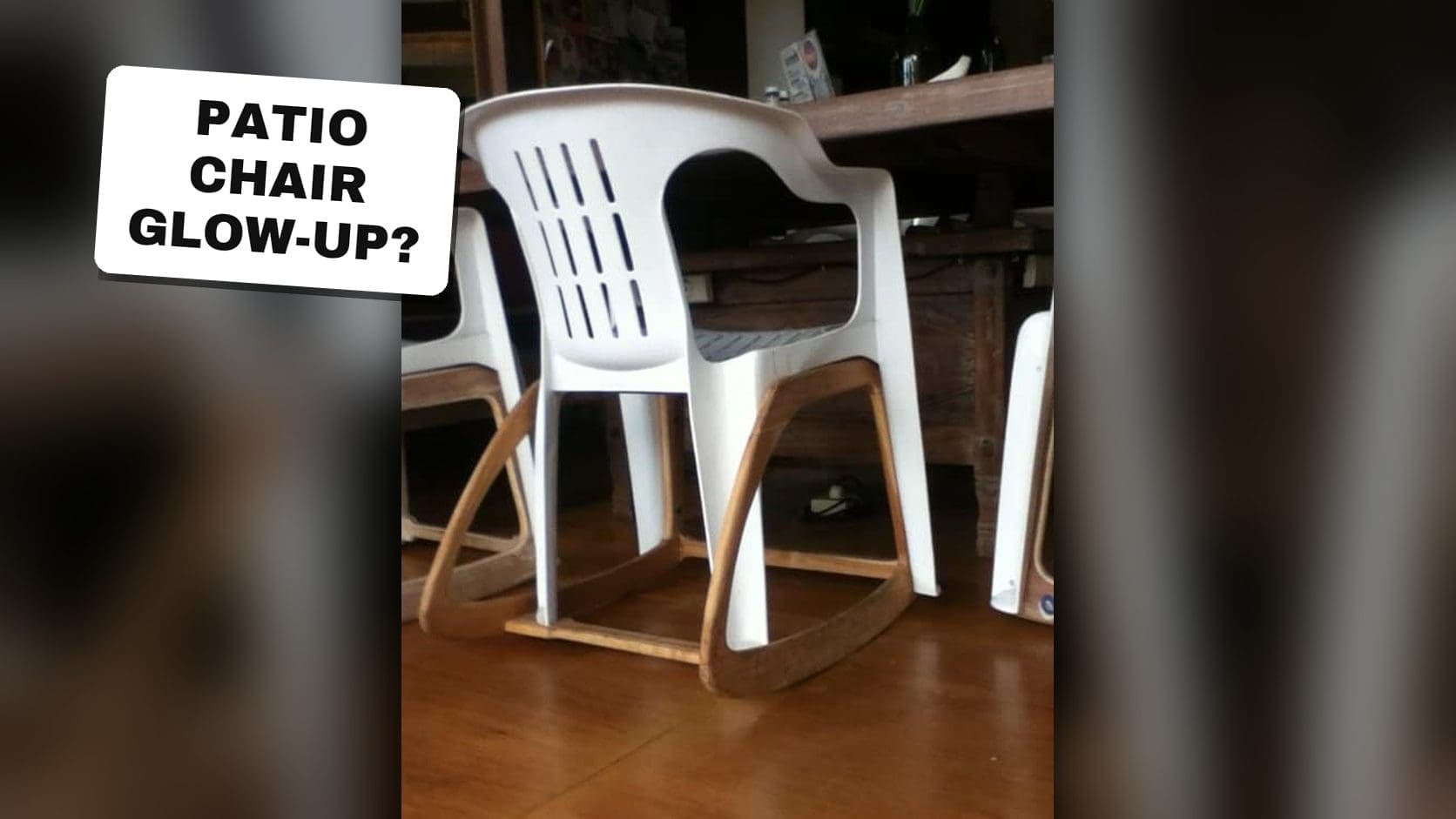 A white plastic patio chair fitted with curved wooden rockers, one of the unique designs turning cheap furniture into something better.