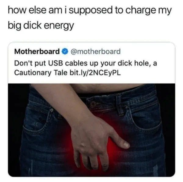 Tweet about a cautionary tale involving USB cables, paired with a joke about energy