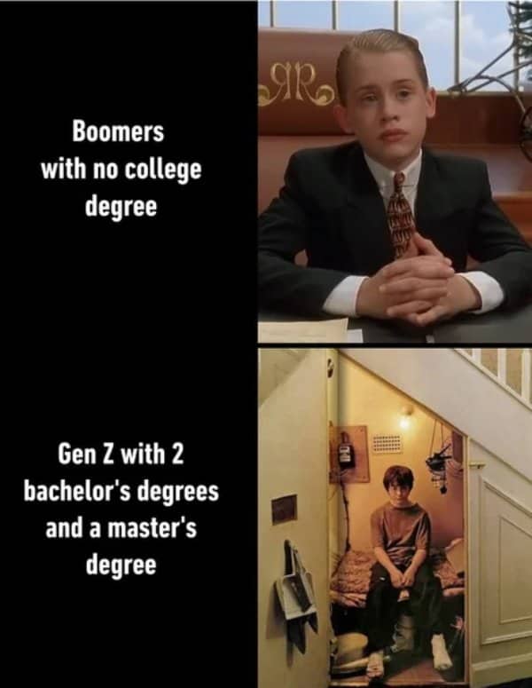 Meme comparing Richie Rich as boomers without degrees to Harry Potter's cupboard for Gen Z