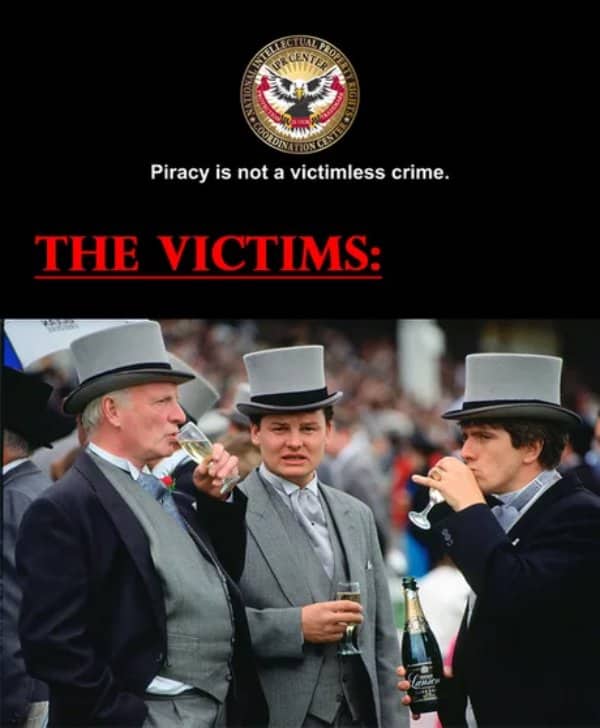 Fake piracy warning showing wealthy men in top hats drinking champagne as the victims