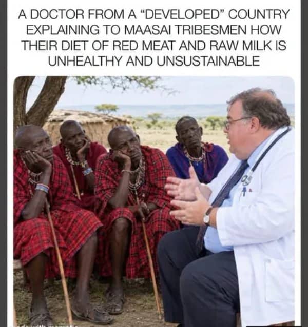 Meme of a doctor lecturing Maasai elders about their diet while they look bored