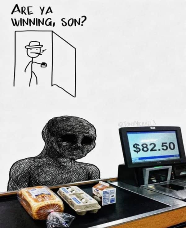 Are ya winning son drawing of a hollow figure at a grocery register showing $82.50