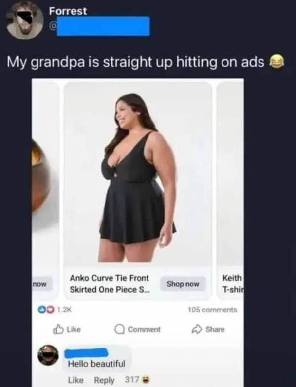 Screenshot of a grandpa commenting hello beautiful on a swimsuit advertisement