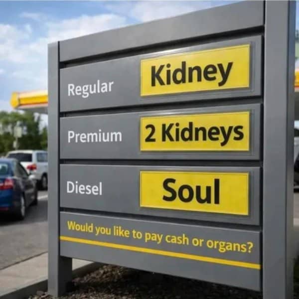 Gas station price sign listing kidney, two kidneys, and soul for each fuel grade