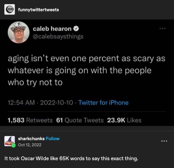Tweet saying aging is less scary than people trying not to age, with a reply