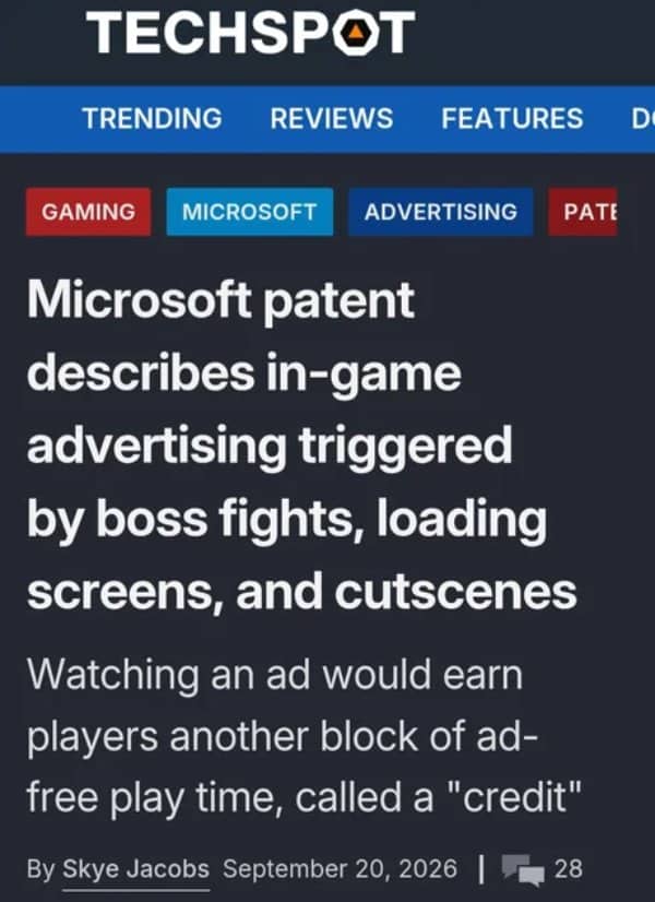 TechSpot headline about a Microsoft patent for ads during boss fights and cutscenes