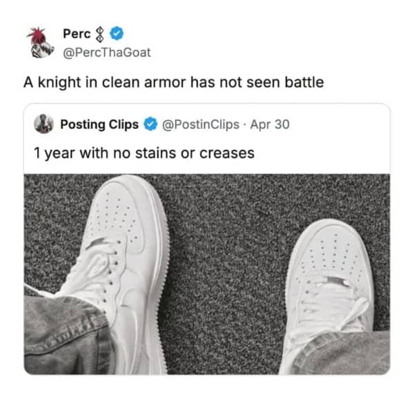 Tweet comparing spotless white sneakers to a knight in clean armor who's never fought
