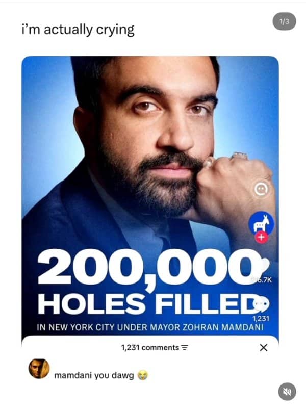 Screenshot of a New York City pothole statistic post featuring Mayor Zohran Mamdani