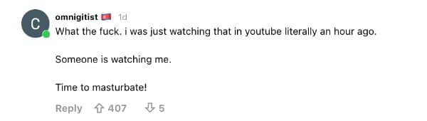 Reddit comment reacting to being watched, ending with an abrupt and crude conclusion