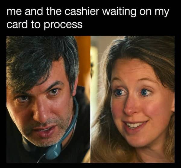 Nathan Fielder looking tense beside a smiling woman captioned about waiting for a card