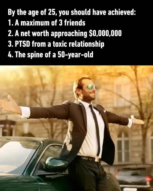 Stock photo of a confident man in a suit below a joke list of goals by 25