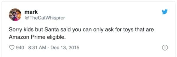 Tweet joking that Santa only allows kids to ask for Amazon Prime eligible toys