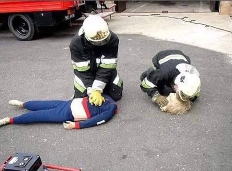 Firefighters practicing CPR on a training dummy while one tends to its detached head.