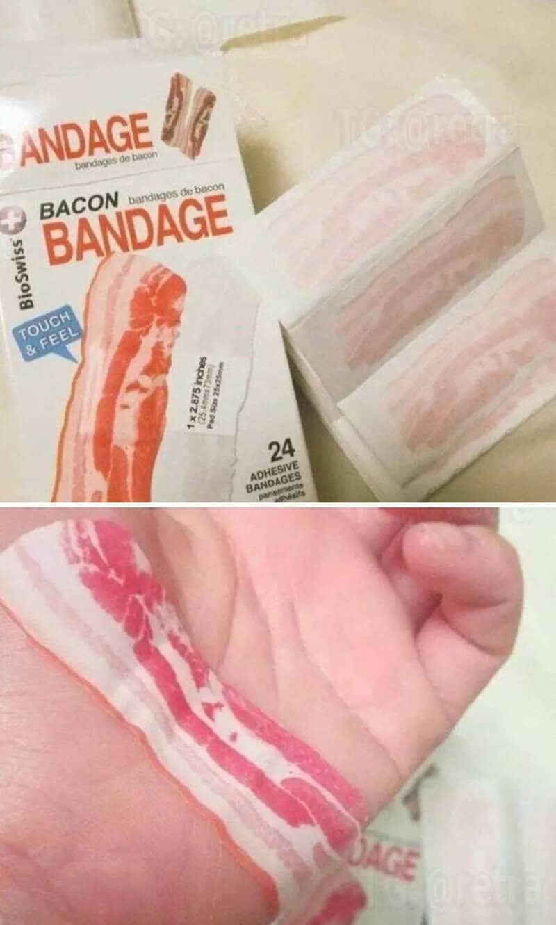Bacon print adhesive bandages shown in the box and stuck across someone's hand.