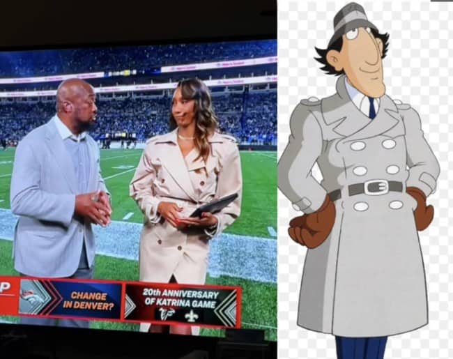 TV analyst beside a sideline reporter in a belted trench coat, compared side by side to Inspector Gadget.