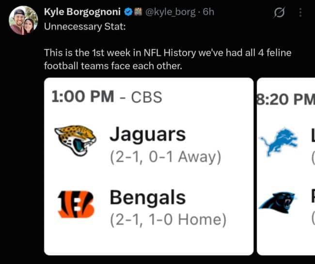Tweet noting it is the first week in NFL history all four feline football teams face each other.