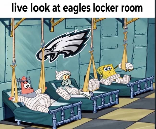SpongeBob characters in hospital traction beds under an Eagles logo, captioned live look at the Eagles locker room.