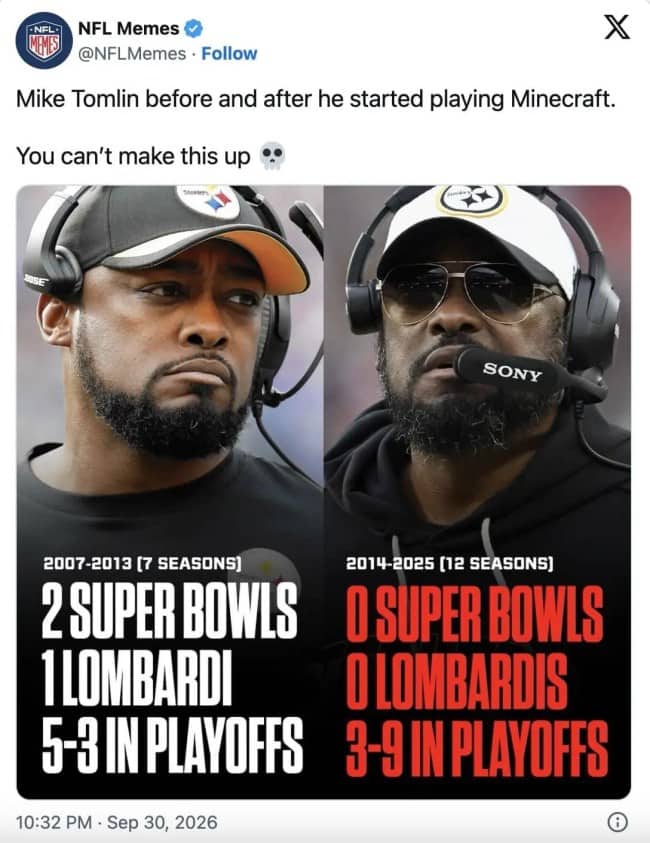 NFL Memes tweet comparing Mike Tomlin's coaching records before and after he started playing Minecraft.