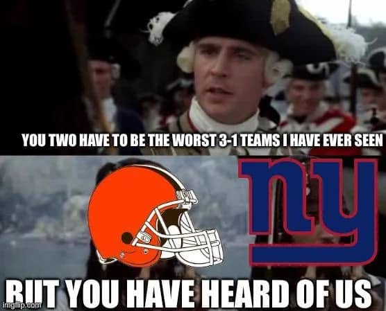 Pirates of the Caribbean meme calling the Browns and Giants the worst 3-1 teams ever.