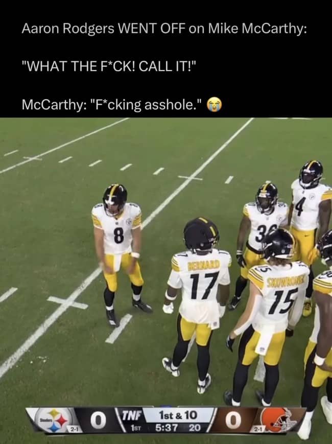 Steelers huddle on Thursday Night Football with a caption about Aaron Rodgers and Mike McCarthy trading censored insults.