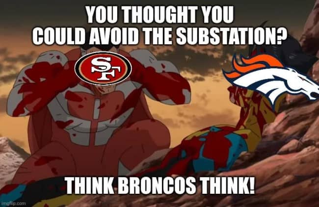 Invincible think, Mark, think meme with the 49ers logo over a defeated Broncos logo about a substation.