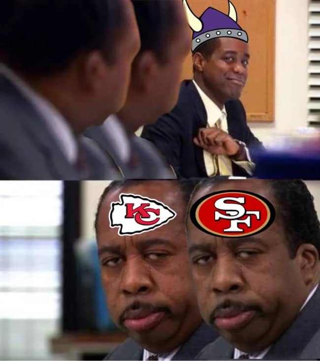 Office meme of a smug man in a Vikings helmet as Chiefs and 49ers roll their eyes.