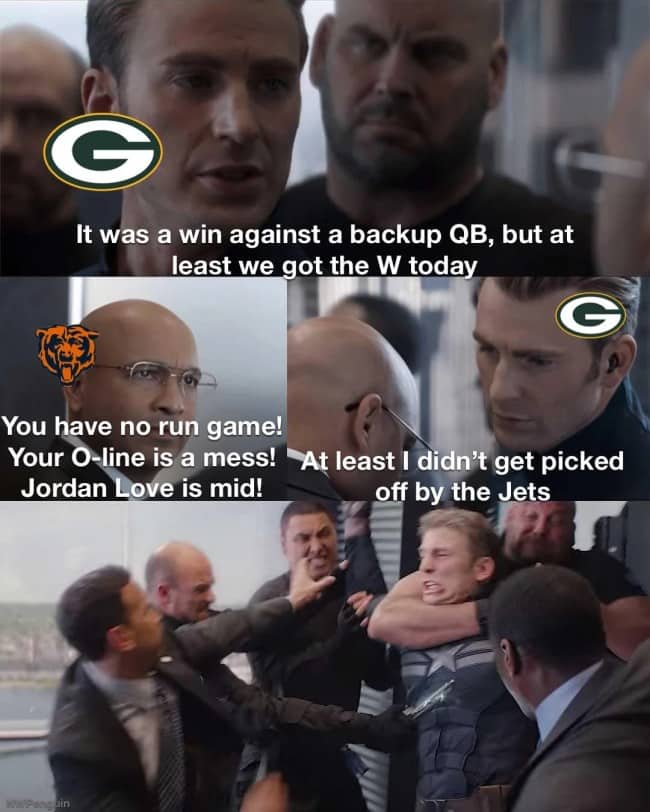 Captain America elevator fight meme with Packers and Bears logos trading insults about quarterbacks.