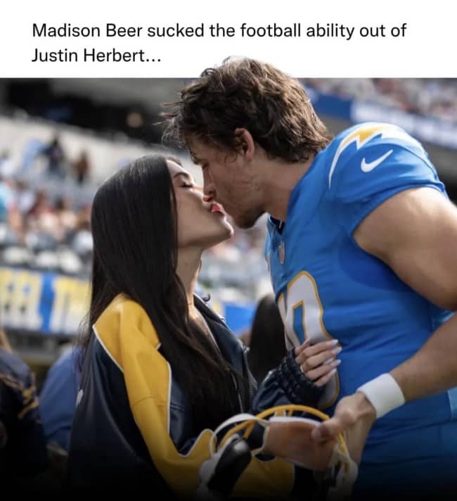 Justin Herbert kissing Madison Beer in the stands, with fans blaming her for his slump.