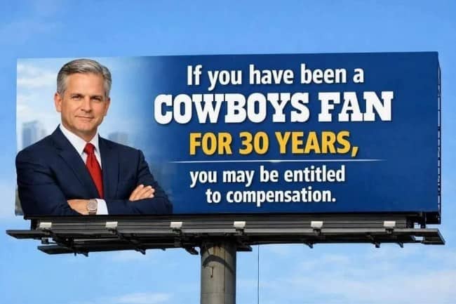 Mock lawyer billboard saying Cowboys fans of 30 years may be entitled to compensation.