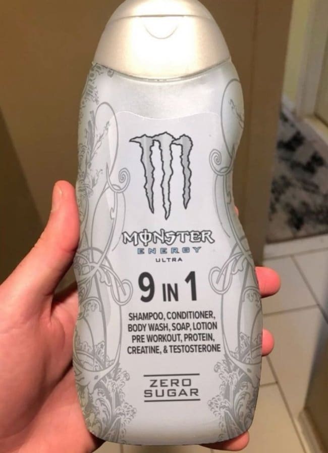 Monster Energy Ultra bottle advertised as a 9 in 1 shampoo, protein, and testosterone.