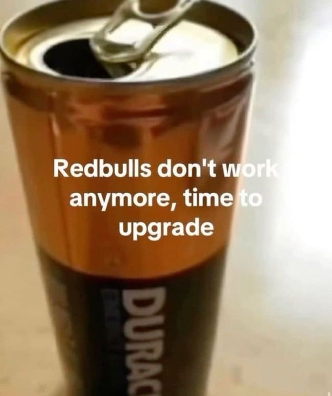 Opened can styled like a Duracell battery, captioned as an upgrade from Red Bull.